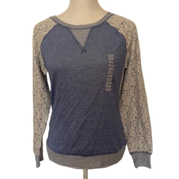 NWT PHILOSOPHY Women S French Terry Blue Heather Lace Pullover Sweatshirt TOP - Picture 5 of 8